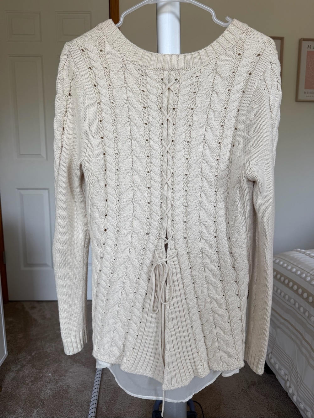 CAbi Cream Cable-Knit Lace-Up Back Sweater
